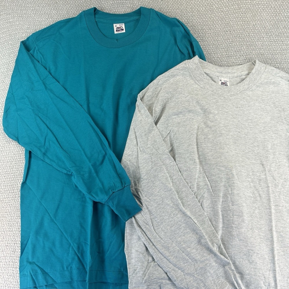 (2) Vintage BVD Premium Series Blank T-Shirts Mens XL Green Gray Long Sleeve USA
